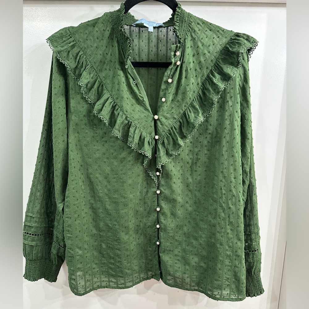 Hill House Amira Leaf Green Dot Ruffled Button-Down Cotton Top